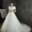 Abordable Ivoire Satin La Mariée Robe De Mariée 2021 Princesse Col v profond Gonflée Manches Courtes Dos Nu Chapel Train Volants
