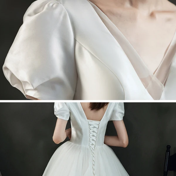 Abordable Ivoire Satin La Mariée Robe De Mariée 2021 Princesse Col v profond Gonflée Manches Courtes Dos Nu Chapel Train Volants