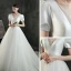 Abordable Ivoire Satin La Mariée Robe De Mariée 2021 Princesse Col v profond Gonflée Manches Courtes Dos Nu Chapel Train Volants