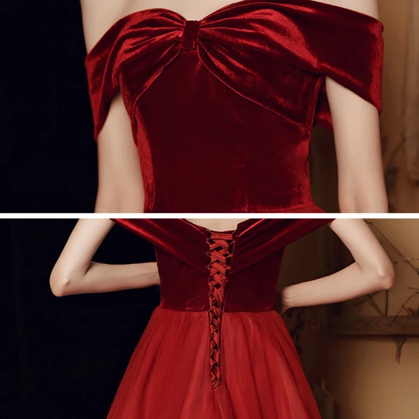 Modest / Simple Red Velour Dancing Prom Dresses 2021 A-Line / Princess Off-The-Shoulder Short Sleeve Floor-Length / Long Ruffle Backless Formal Dresses