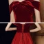 Modest / Simple Red Velour Dancing Prom Dresses 2021 A-Line / Princess Off-The-Shoulder Short Sleeve Floor-Length / Long Ruffle Backless Formal Dresses