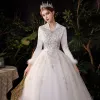 Affordable Ivory Outdoor / Garden Winter Wedding Dresses 2021 Ball Gown V-Neck Long Sleeve Appliques Lace Sequins Glitter Tulle Floor-Length / Long Ruffle