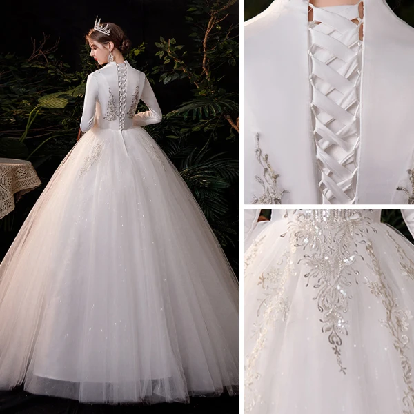 Affordable Ivory Outdoor / Garden Winter Wedding Dresses 2021 Ball Gown V-Neck Long Sleeve Appliques Lace Sequins Glitter Tulle Floor-Length / Long Ruffle