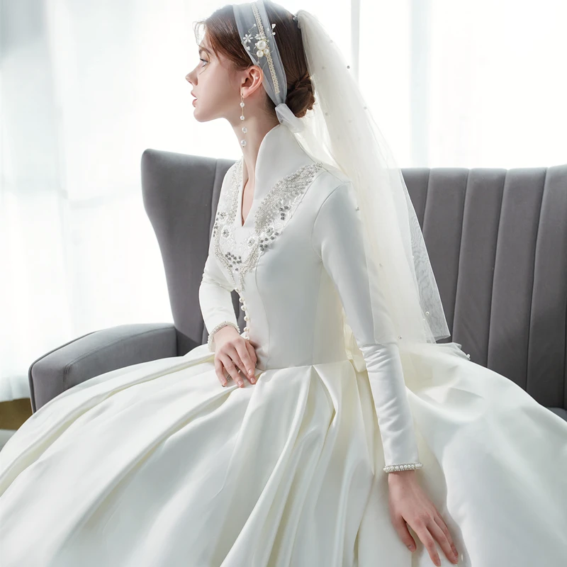 Affordable Muslim Ivory Satin Winter Bridal Wedding Dresses 2021 Ball Gown  V Neck Long Sleeve Appliques Lace Beading Pearl Cathedral Train Ruffle