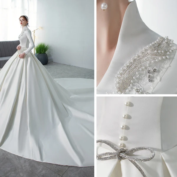 Erschwinglich Muslimisches Ivory / Creme Satin Winter Hochzeits Brautkleider / Hochzeitskleider 2021 Ballkleid V-Ausschnitt Lange Ärmel Applikationen Spitze Perlenstickerei Perle Kathedrale Schleppe Rüschen