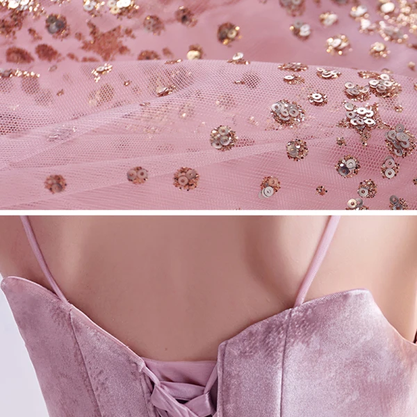 Chic / Belle Rougissant Rose Robe De Bal 2021 Princesse Bretelles Spaghetti Sans Manches Paillettes Perlage Glitter Tulle Train De Balayage Volants Dos Nu Robe De Ceremonie