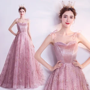 Chic Beautiful Blushing Pink Prom Dresses 2021 A Line Princess Spaghetti Straps Sleeveless Sequins Beading Glitter Tulle Sweep Train Ruffle Backless Formal Dresses