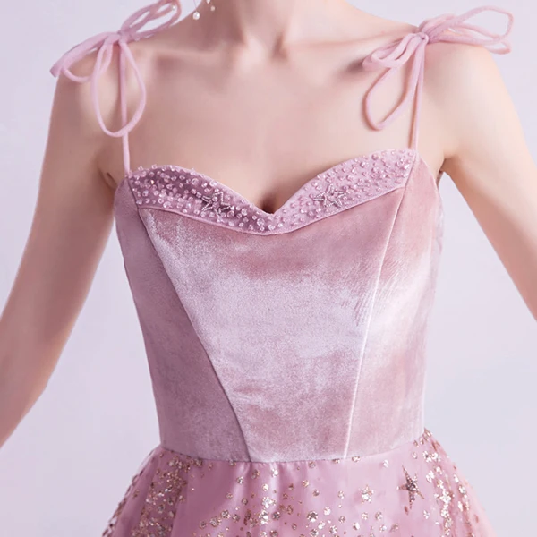 Chic / Belle Rougissant Rose Robe De Bal 2021 Princesse Bretelles Spaghetti Sans Manches Paillettes Perlage Glitter Tulle Train De Balayage Volants Dos Nu Robe De Ceremonie