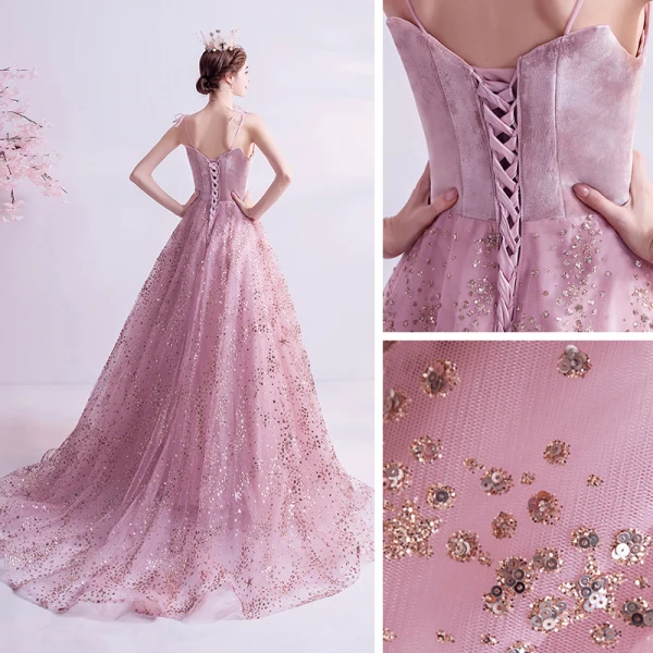 Chic / Belle Rougissant Rose Robe De Bal 2021 Princesse Bretelles Spaghetti Sans Manches Paillettes Perlage Glitter Tulle Train De Balayage Volants Dos Nu Robe De Ceremonie