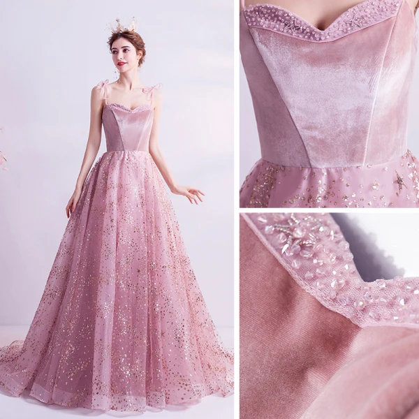 Chic / Belle Rougissant Rose Robe De Bal 2021 Princesse Bretelles Spaghetti Sans Manches Paillettes Perlage Glitter Tulle Train De Balayage Volants Dos Nu Robe De Ceremonie