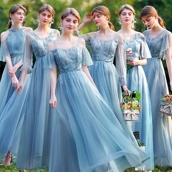 Affordable Ocean Blue Bridesmaid Dresses 2021 A-Line / Princess Appliques Lace Backless Floor-Length / Long Ruffle