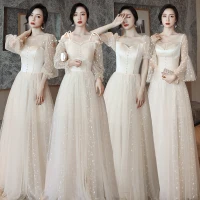 Affordable Champagne Bridesmaid Dresses 2021 A-Line / Princess Backless Spotted Tulle Floor-Length / Long Ruffle