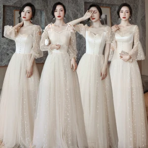 Affordable Champagne Bridesmaid Dresses 2021 A Line Princess Backless Spotted Tulle Floor Length Long Ruffle