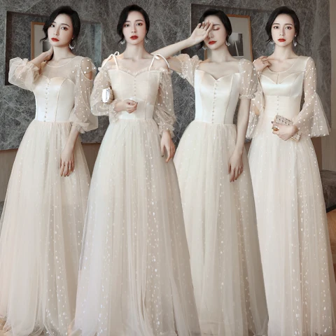 Abordable Champagne Robe Demoiselle D'honneur 2021 Princesse Dos Nu Tachetée Tulle Longue Volants