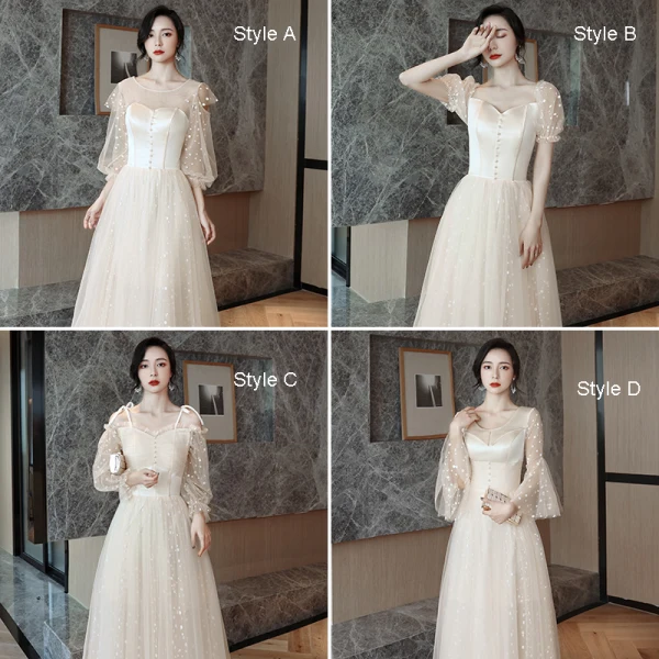 Affordable Champagne Bridesmaid Dresses 2021 A-Line / Princess Backless Spotted Tulle Floor-Length / Long Ruffle