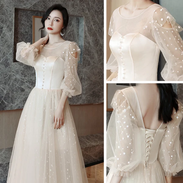 Affordable Champagne Bridesmaid Dresses 2021 A-Line / Princess Backless Spotted Tulle Floor-Length / Long Ruffle