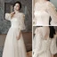 Affordable Champagne Bridesmaid Dresses 2021 A-Line / Princess Backless Spotted Tulle Floor-Length / Long Ruffle