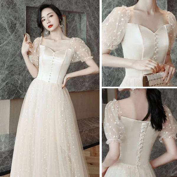 Affordable Champagne Bridesmaid Dresses 2021 A-Line / Princess Backless Spotted Tulle Floor-Length / Long Ruffle