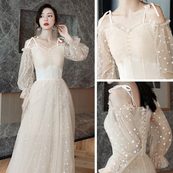 Affordable Champagne Bridesmaid Dresses 2021 A-Line / Princess Backless Spotted Tulle Floor-Length / Long Ruffle