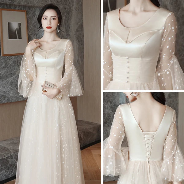 Affordable Champagne Bridesmaid Dresses 2021 A-Line / Princess Backless Spotted Tulle Floor-Length / Long Ruffle