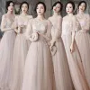 Affordable Pearl Pink Bridesmaid Dresses 2021 A-Line / Princess Backless Appliques Lace Floor-Length / Long Ruffle