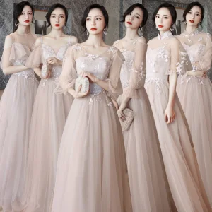 Affordable Pearl Pink Bridesmaid Dresses 2021 A Line Princess Backless Appliques Lace Floor Length Long Ruffle
