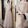Affordable Pearl Pink Bridesmaid Dresses 2021 A-Line / Princess Backless Appliques Lace Floor-Length / Long Ruffle