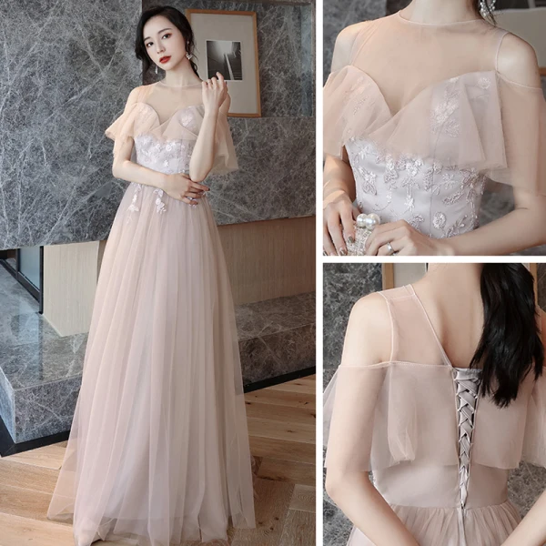 Abordable Perle Rose Robe Demoiselle D'honneur 2021 Princesse Dos Nu Appliques En Dentelle Longue Volants