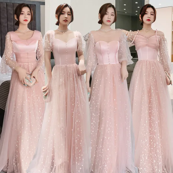 Niedrogie Różowy Perłowy Sukienki Dla Druhen 2021 Princessa Bez Pleców Spleciona Tiulowe Długie Wzburzyć