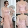 Affordable Pearl Pink Bridesmaid Dresses 2021 A-Line / Princess Backless Spotted Tulle Floor-Length / Long Ruffle