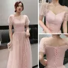 Affordable Pearl Pink Bridesmaid Dresses 2021 A-Line / Princess Backless Spotted Tulle Floor-Length / Long Ruffle
