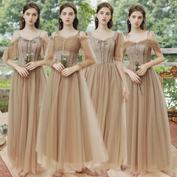 Affordable Brown Bridesmaid Dresses 2021 A-Line / Princess Backless Floor-Length / Long Ruffle