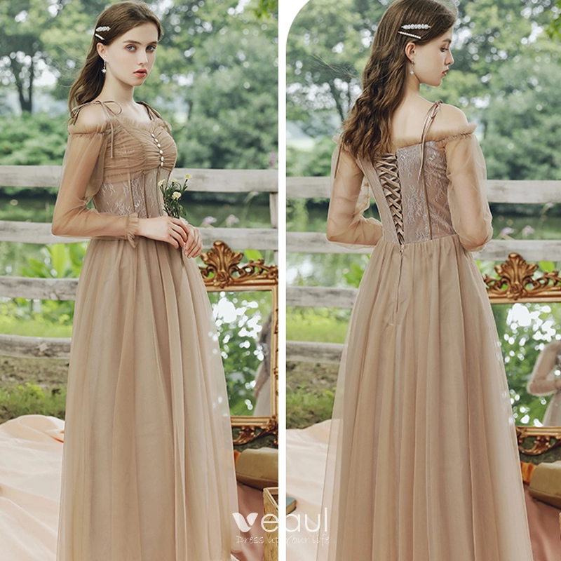 Vestidos Modestos De Manga Larga Para Damas De Honor Junior Marrón main image 0