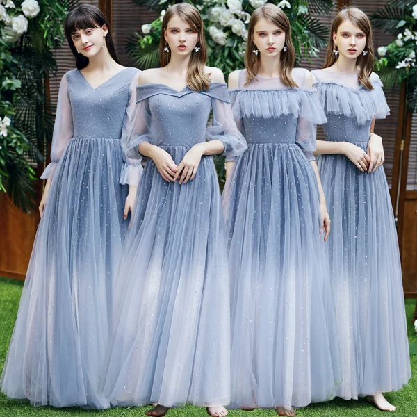 Affordable Ocean Blue Bridesmaid Dresses 2021 A-Line Princess Backless Star Sequins Long