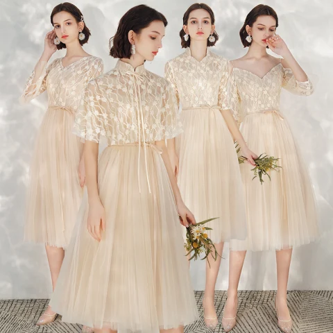 Affordable Champagne Bridesmaid Dresses 2021 A-Line / Princess Backless Appliques Lace Sash Tea-length Ruffle