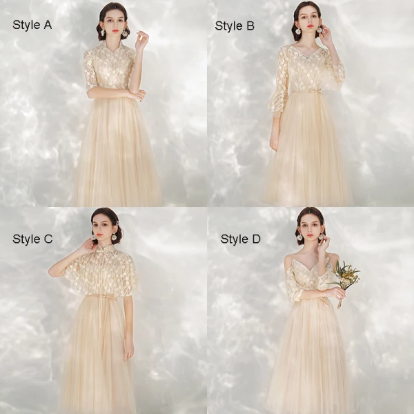 Abordable Champagne Robe Demoiselle D'honneur 2021 Princesse Dos Nu Appliques En Dentelle Ceinture Thé Longueur Volants