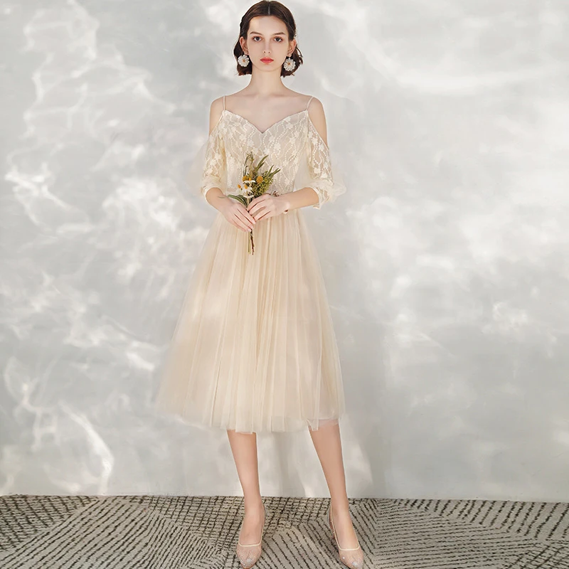 champagne tea length bridesmaid dress Champagne Bridesmaid Dresses Tea Length Tea-Length High Neck Sleeveles