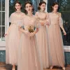 Affordable Pearl Pink Bridesmaid Dresses 2021 A-Line / Princess Backless Appliques Flower Sequins Sash Floor-Length / Long Ruffle