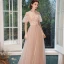 Affordable Pearl Pink Bridesmaid Dresses 2021 A-Line / Princess Backless Appliques Flower Sequins Sash Floor-Length / Long Ruffle