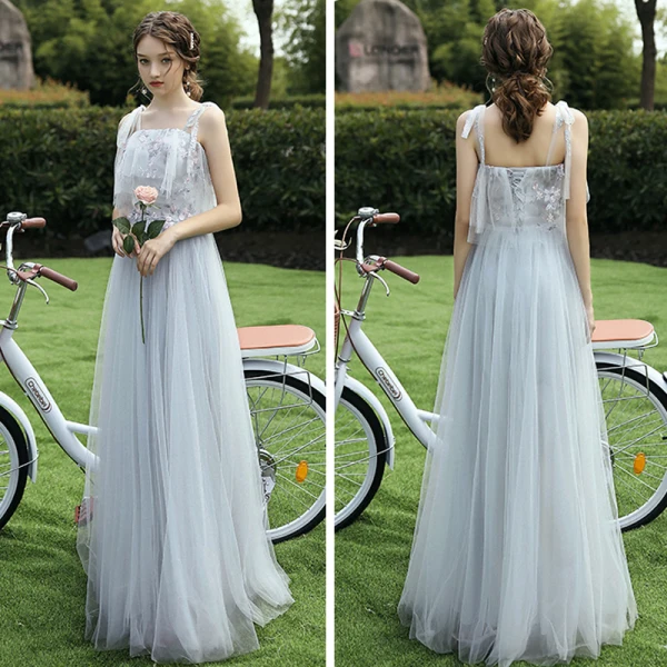 Affordable Grey Bridesmaid Dresses 2021 A-Line / Princess Backless Appliques Lace Floor-Length / Long Ruffle