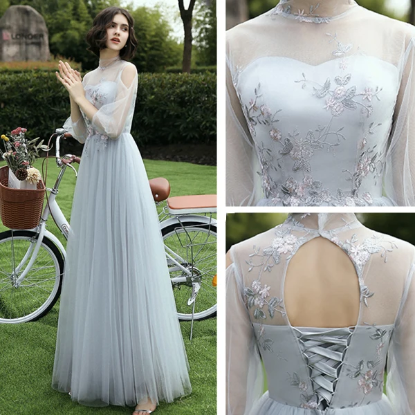 Affordable Grey Bridesmaid Dresses 2021 A-Line / Princess Backless Appliques Lace Floor-Length / Long Ruffle