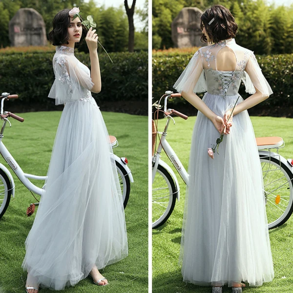 Affordable Grey Bridesmaid Dresses 2021 A-Line / Princess Backless Appliques Lace Floor-Length / Long Ruffle