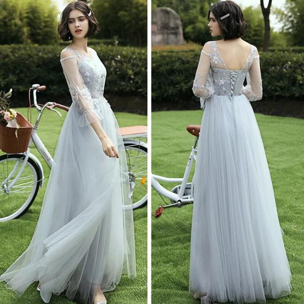 Affordable Grey Bridesmaid Dresses 2021 A-Line / Princess Backless Appliques Lace Floor-Length / Long Ruffle