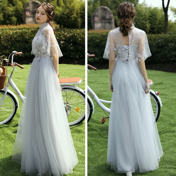 Affordable Grey Bridesmaid Dresses 2021 A-Line / Princess Backless Appliques Lace Floor-Length / Long Ruffle
