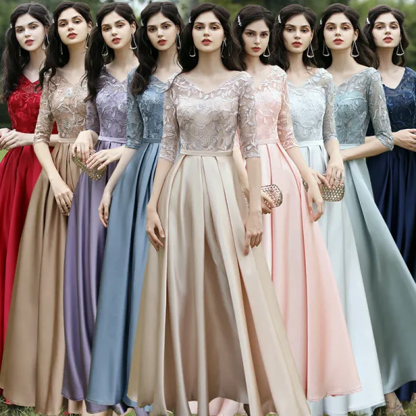 Affordable Satin Bridesmaid Dresses 2021 A-Line / Princess V-Neck 1/2 Sleeves Appliques Lace Sash Backless Floor-Length / Long Ruffle