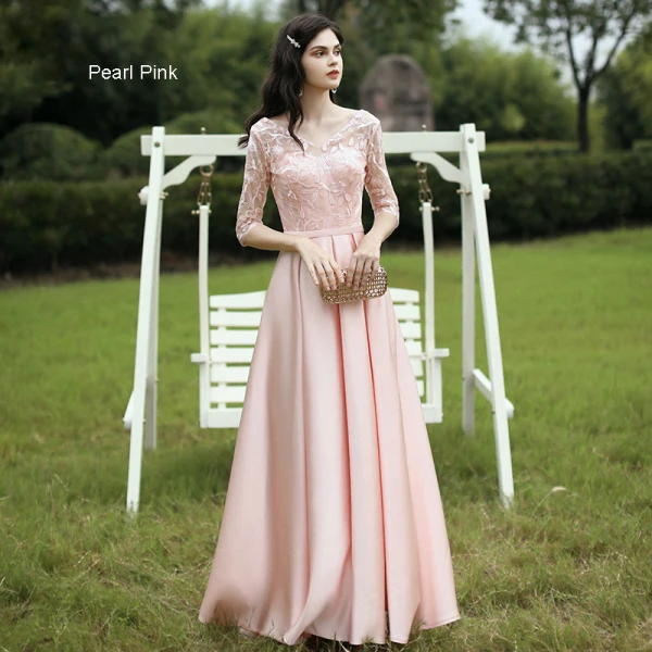 Affordable Satin Bridesmaid Dresses 2021 A-Line / Princess V-Neck 1/2 Sleeves Appliques Lace Sash Backless Floor-Length / Long Ruffle