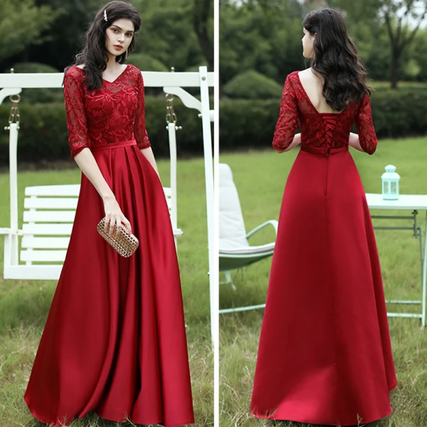 Affordable Satin Bridesmaid Dresses 2021 A-Line / Princess V-Neck 1/2 Sleeves Appliques Lace Sash Backless Floor-Length / Long Ruffle