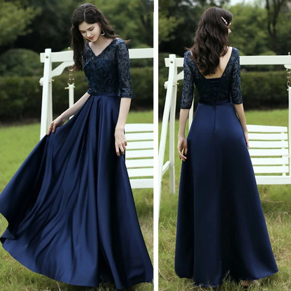 Affordable Satin Bridesmaid Dresses 2021 A-Line / Princess V-Neck 1/2 Sleeves Appliques Lace Sash Backless Floor-Length / Long Ruffle
