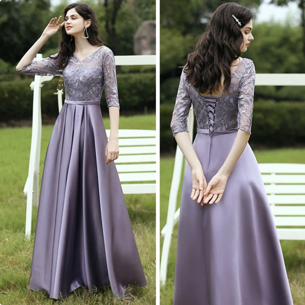 Affordable Satin Bridesmaid Dresses 2021 A-Line Princess V-Neck 1/2 Sleeves Appliques