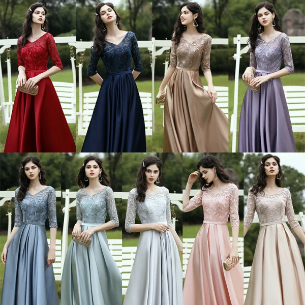 Affordable Satin Bridesmaid Dresses 2021 A-Line / Princess V-Neck 1/2 Sleeves Appliques Lace Sash Backless Floor-Length / Long Ruffle